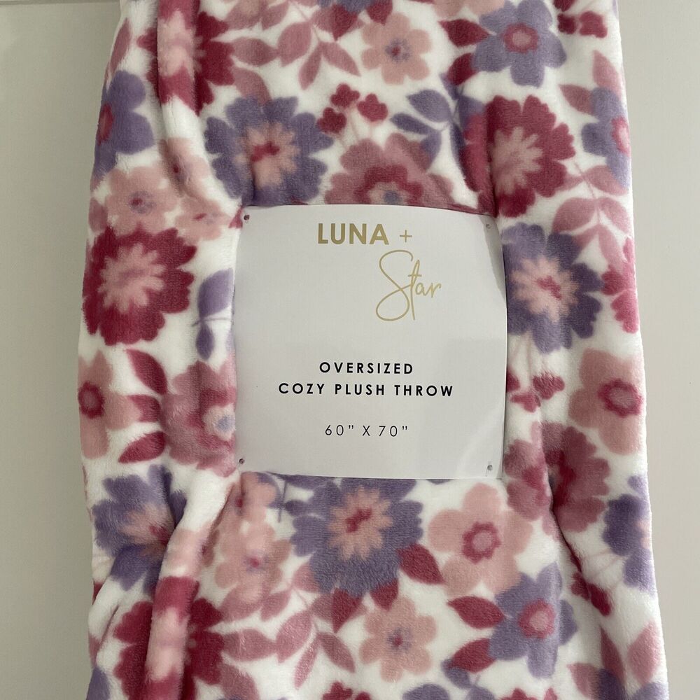 Luna + Star 60x70” PINK PURPLE FLOWERS Cozy Plush Reverse Faux Fur Throw Blanket